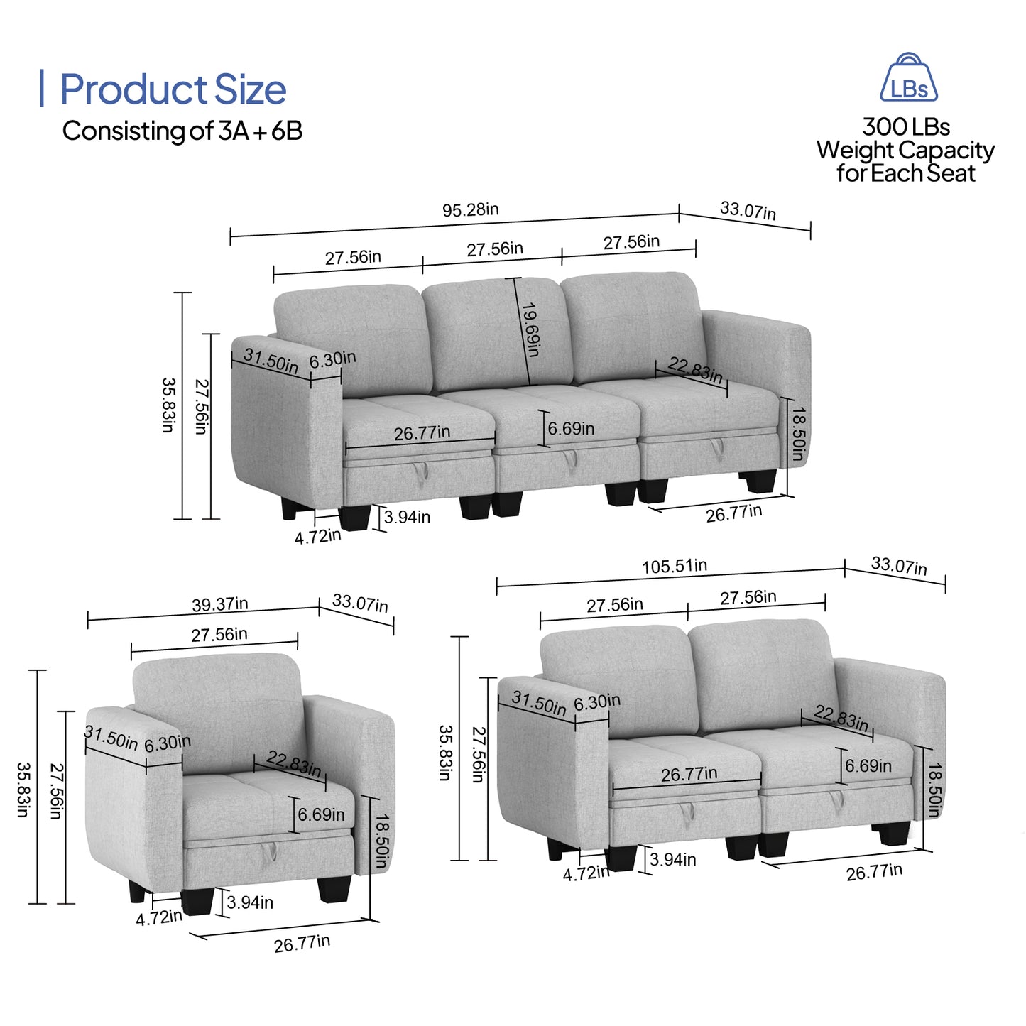 Sectional Couch Modular Sofa Set 5 Seat